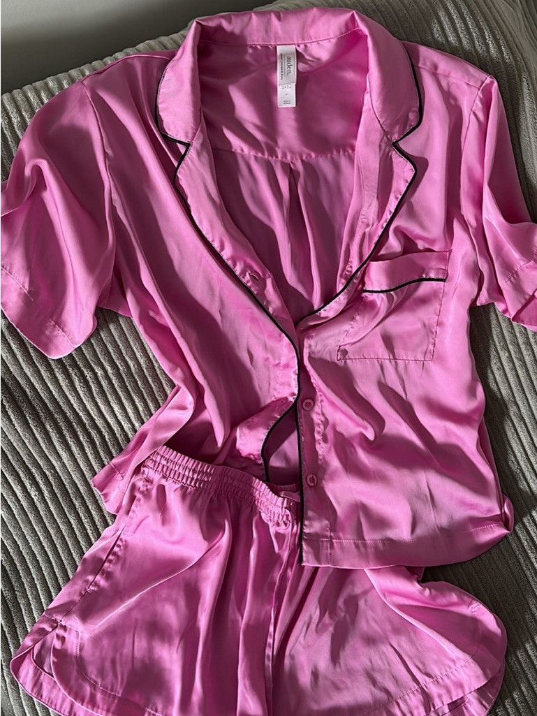 Auden Pink Satin Short Pajama Set With Black Piping